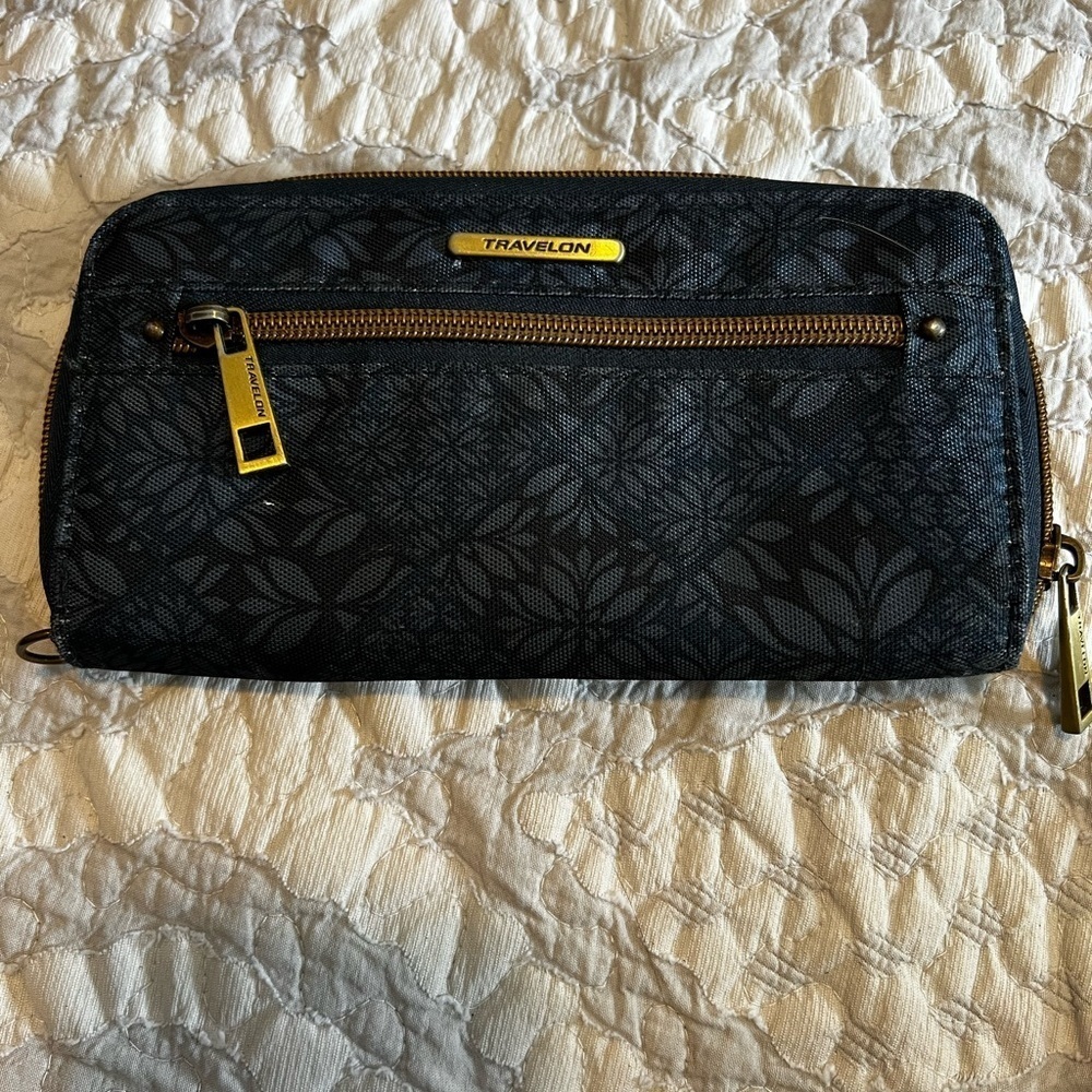 Travelon wallet. Black and gray with a teal interior. Lots of pockets, zipper.